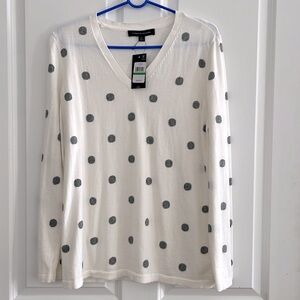 Tommy Hilfiger White Gray Polka Dot V Neck Pullover Sweater Womens Size L NEW